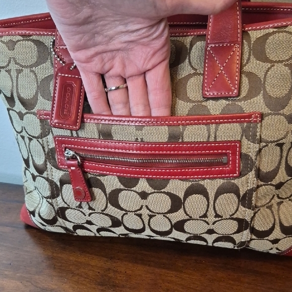 Coach Tan Signature Canvas Tote with Red Leather Trim Vintage K1J-6082 - Picture 2 of 15